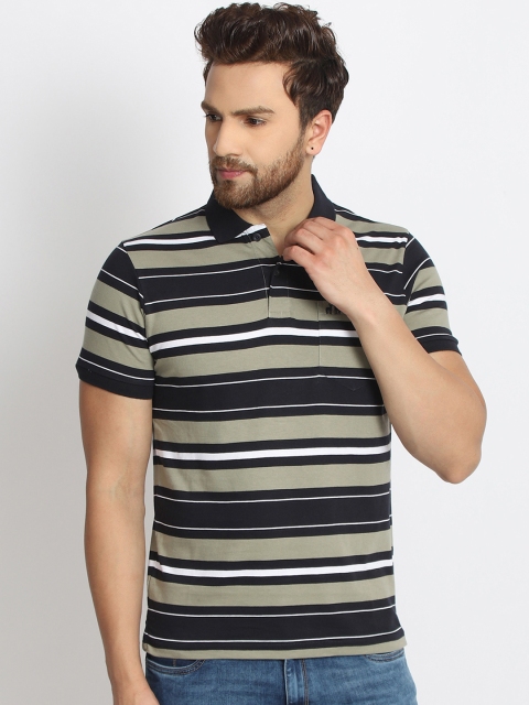

98 Degree North Men Grey & Black Striped Polo Collar T-shirt