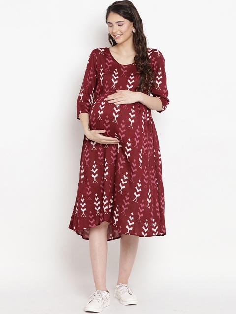 

Mine4Nine Women Maroon & White Printed Maternity Fit and Flare Dress