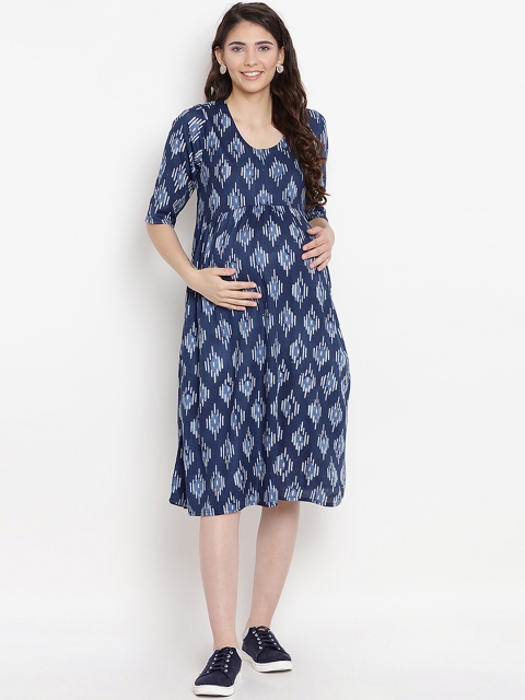 

Mine4Nine Women Navy Blue Printed Fit and Flare Maternity Dress