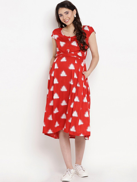 

Mine4Nine Women Red Printed Maternity Dress
