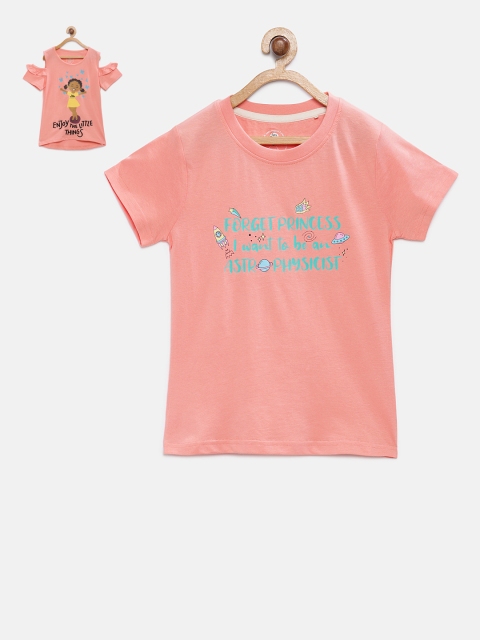 

Cub McPaws Girls Pack of 2 Peach-Coloured Printed Round Neck Pure Cotton T-shirt