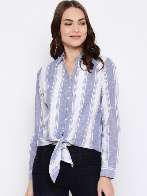 

METTLE Women Blue & White Regular Fit Striped Casual Shirt With Waist Tie-up