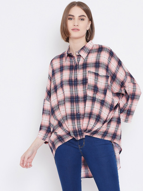 

METTLE Women Pink & Navy Blue Regular Fit Checked Casual Shirt