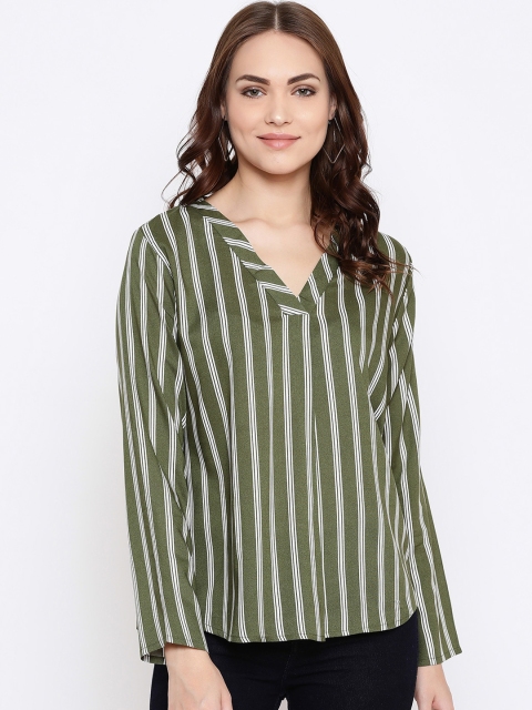 

METTLE Women Olive Green & White Striped Boxy Top