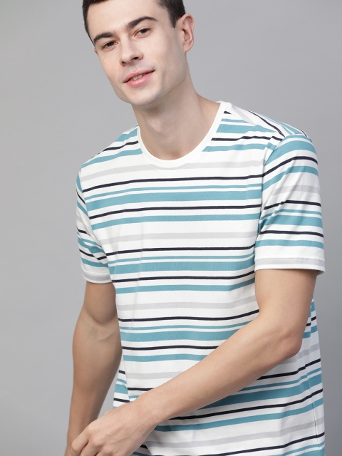 

Mast & Harbour Men White & Blue Striped Round Neck T-shirt