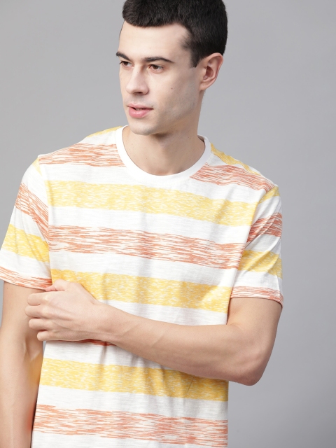 

Mast Harbour Men Off-White Yellow Striped Round Neck Pure Cotton T-shirt