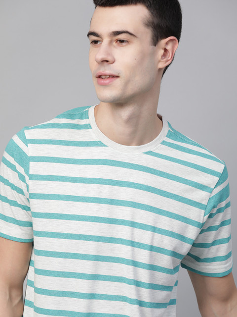 

Mast & Harbour Men White & Teal Green Striped Round Neck T-shirt