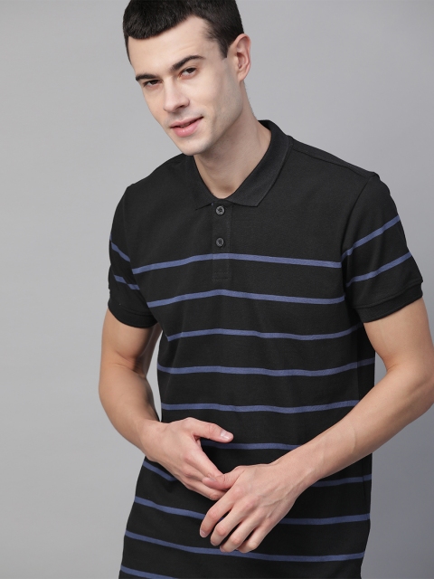 

Mast & Harbour Men Black & Blue Striped Polo Collar T-shirt