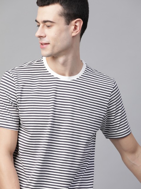 

Mast & Harbour Men White & Charcoal Grey Striped Round Neck T-shirt