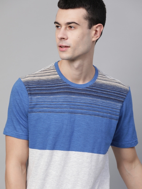 

Mast Harbour Men Blue Grey Melange Colourblocked Round Neck Pure Cotton T-shirt