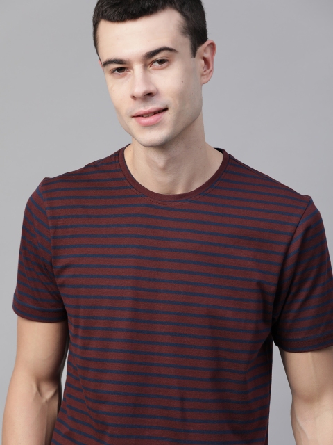 

Mast & Harbour Men Burgundy & Navy Blue Striped Round Neck T-shirt