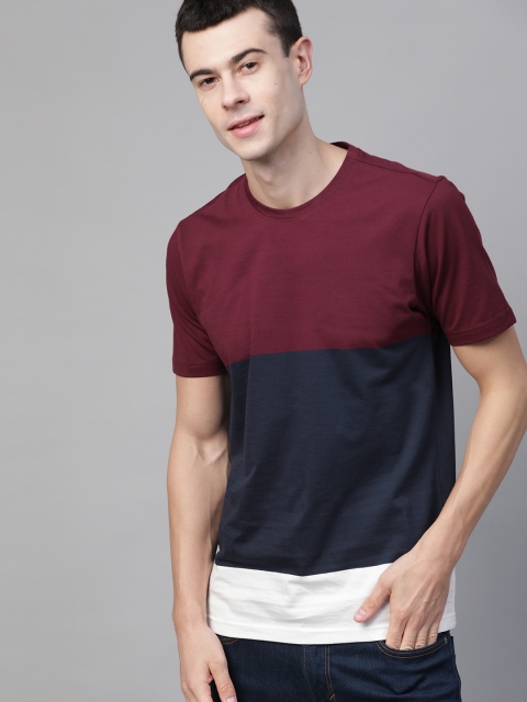 

Mast & Harbour Men Burgundy & Navy Blue Colourblocked Round Neck T-shirt