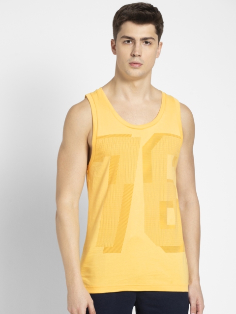 

Jockey Men Mustard Yellow Printed Round Neck Tank Lounge T-shirt
