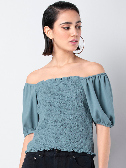 

FabAlley Women Blue Solid Smocked Bardot Top