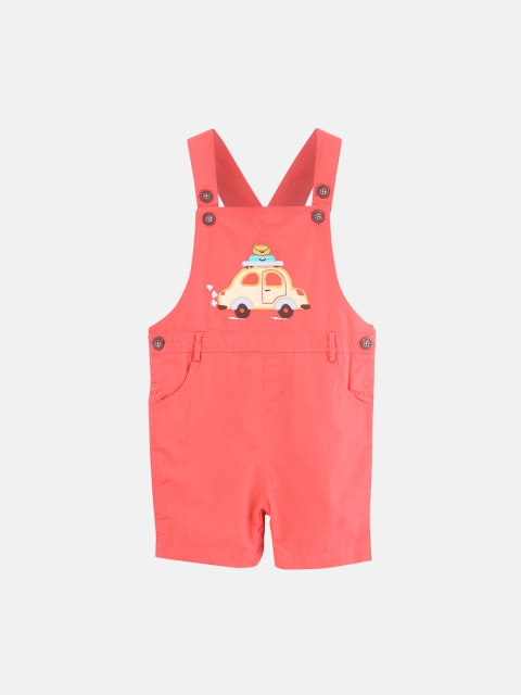 

Beebay Infant Boys Coral Orange Solid Car Applique Dungaree