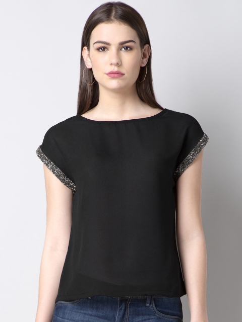 

FabAlley Women Black Solid Top With Embroidery