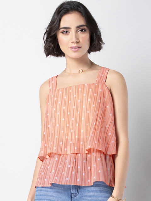 

FabAlley Women Coral Orange & White Polka Dots Printed Tiered Top