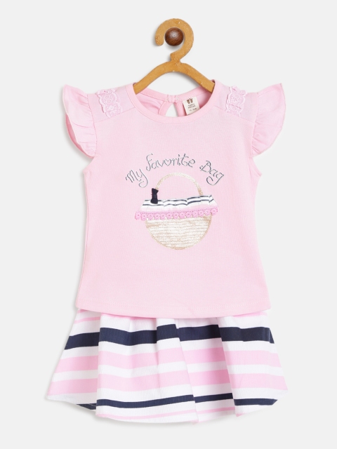 

TOFFY HOUSE Girls Pink & Navy Blue Printed Top with Striped Skirt