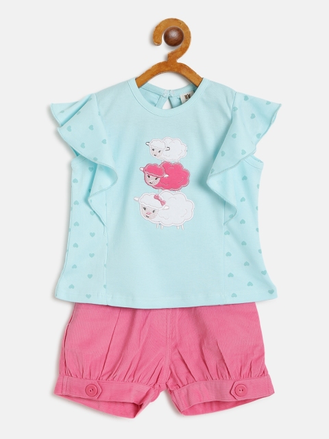 

TOFFY HOUSE Girls Blue & Pink Printed Top with Corduroy Shorts
