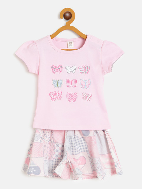 

TOFFY HOUSE Girls Pink & White Printed T-shirt with Shorts & Belt