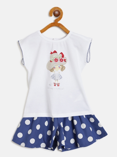 

TOFFY HOUSE Girls White & Navy Blue Printed T-shirt with Shorts & Belt