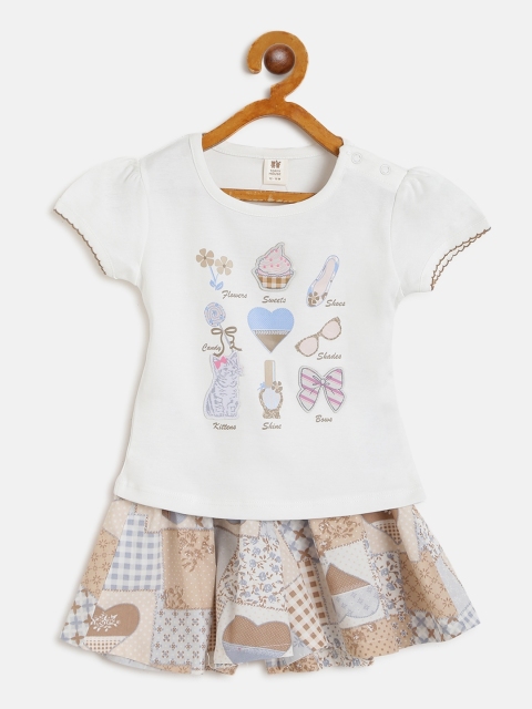 

TOFFY HOUSE Girls White & Brown Printed T-shirt with Shorts & Belt