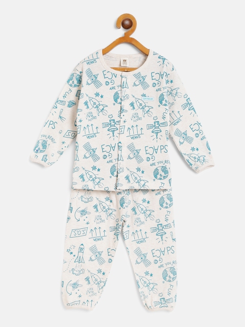 

TOFFY HOUSE Girls Cream-Coloured & Teal Green Printed Night Suit