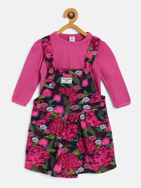 

TOFFY HOUSE Girls Pink & Navy Blue Solid T-shirt with Floral Print Pinafore Dress