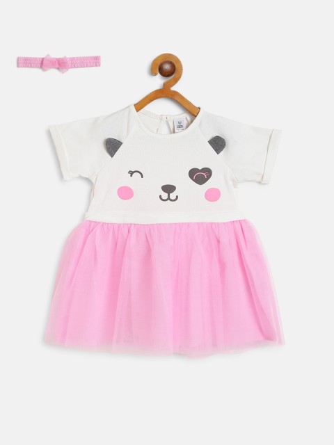 

TOFFY HOUSE Girls Pink & White Colourblocked Net A-Line Dress With Hairband