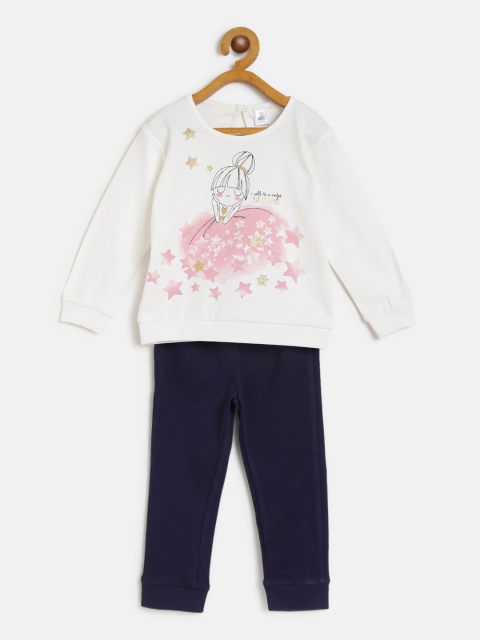 

TOFFY HOUSE Girls White & Navy Blue Printed Night suit