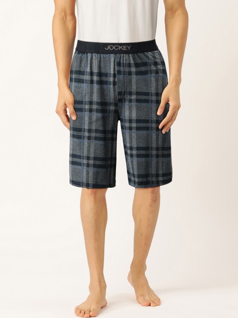 

Jockey Men Navy Blue & Grey Knitted Checked Lounge Shorts