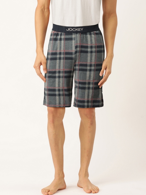 

Jockey Men Navy Blue & Grey Knitted Checked Lounge Shorts