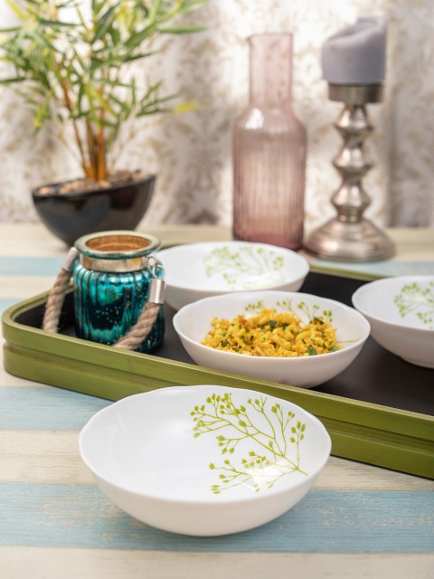 

Laopala Set Of 4 White & Olive Green Printed Opalware Bowls Set