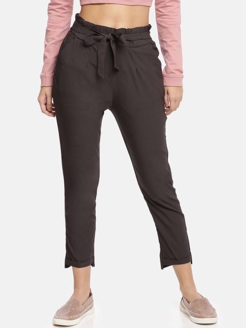 

GOLDSTROMS Women Brown Slim Fit Solid Cropped Peg Trousers with Waist Tie-up