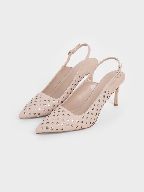 

CHARLES & KEITH Women Nude-Coloured & Silver-Toned Embellished Slingback Pumps