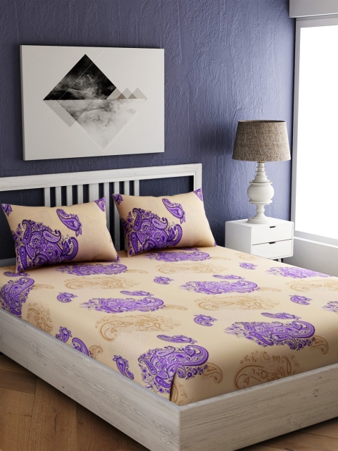 

EverHOME Cream-Coloured & Purple Ethnic Motifs 144 TC Cotton 1 King Bedsheet with 2 Pillow Covers