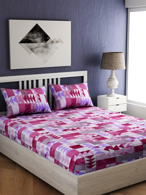 

EverHOME Pink & Off-White Geometric 144 TC Cotton 1 King Bedsheet with 2 Pillow Covers