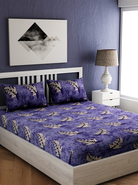 

EverHOME Purple & Off-White Floral 144 TC Cotton 1 King Bedsheet with 2 Pillow Covers