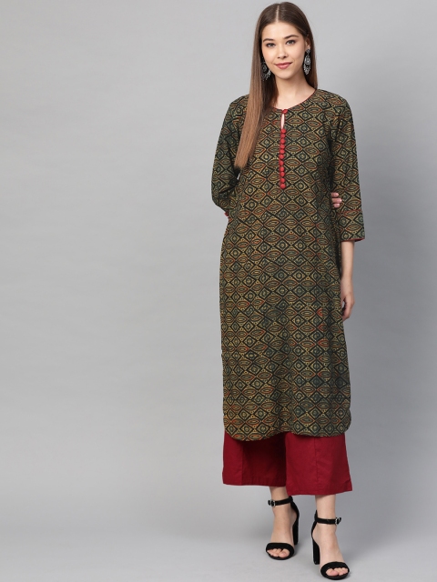 

Laado - Pamper Yourself Women Green & Beige Ajrakh Handblock Print Straight Kurta