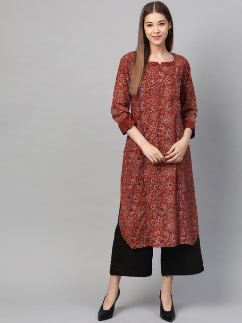 

Laado - Pamper Yourself Women Rust Red Jaal Ajrakh Hand Block Ethnic Straight Sustainable Kurta