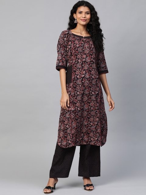 

Laado - Pamper Yourself Women Black & Blue Jaal Ajrakh Hand Block Ethnic Straight Kurta