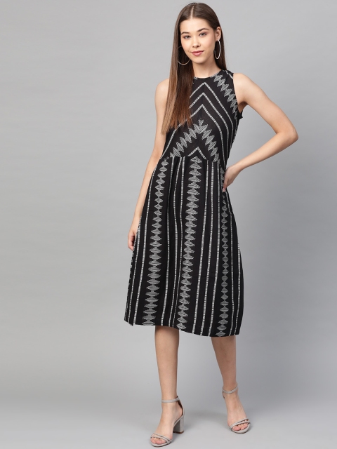 

Laado - Pamper Yourself Women Black & White Self-Design Ikkat A-Line Dress