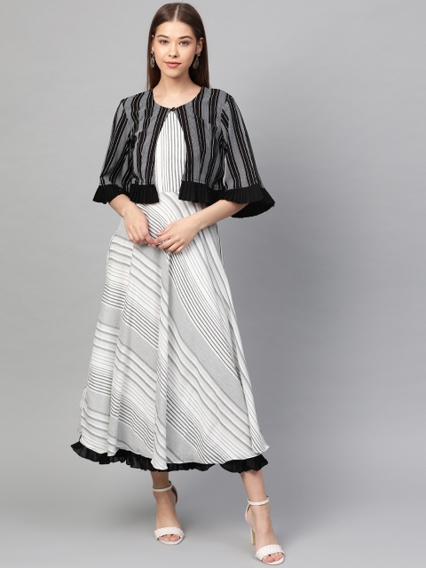 

Laado - Pamper Yourself Women White & Black Striped Maxi Dress With Shrug
