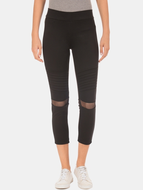 

Sugr Women Black Solid Mesh Panelled Three-Fourth Leggings