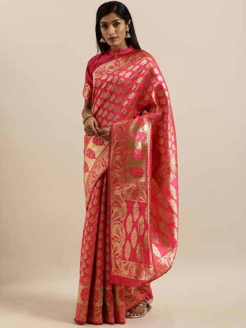 

SHAVYA Pink & Gold-Toned Pure Linen Woven Design Banarasi Saree