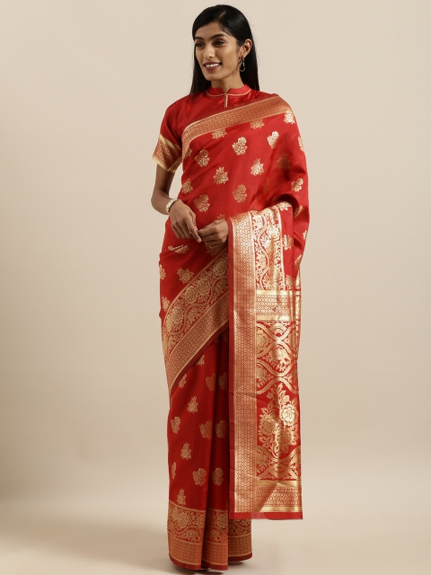 

SHAVYA Red & Golden Pure Linen Woven Design Banarasi Saree