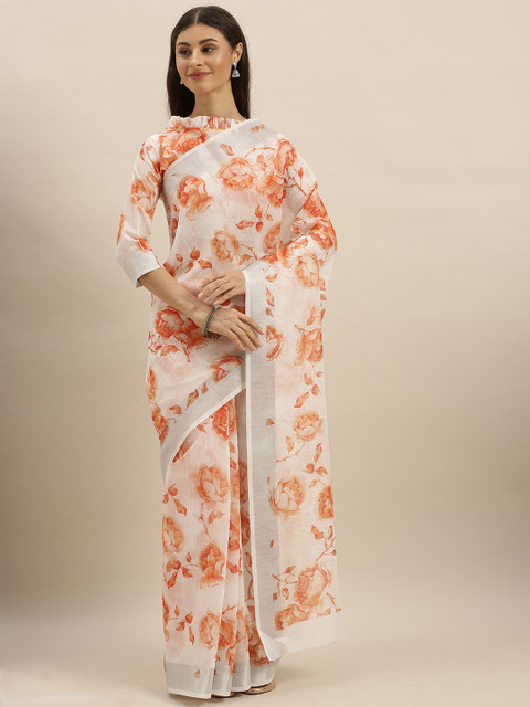 

SHAVYA White & Orange Pure Linen Floral Printed Saree