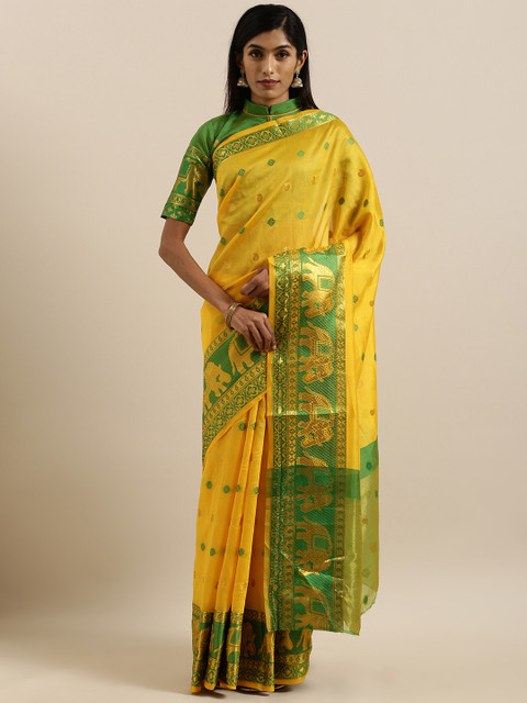 

SHAVYA Yellow & Green Pure Linen Woven Design Banarasi Saree