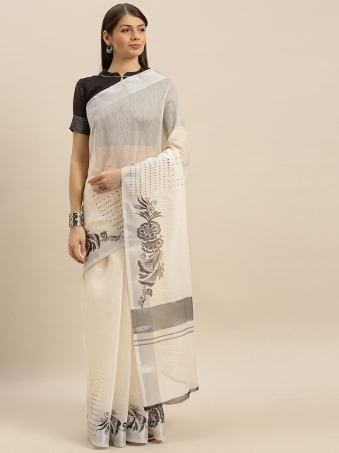 

SHAVYA Cream-Coloured & Black Pure Linen Printed Saree