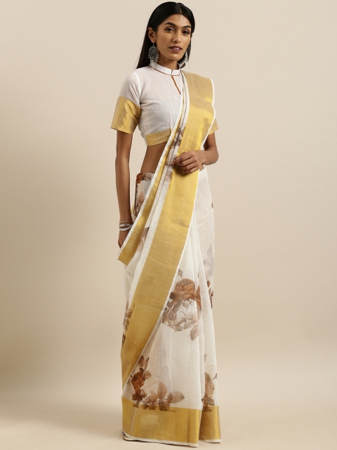 

SHAVYA White & Golden Pure Linen Printed Saree